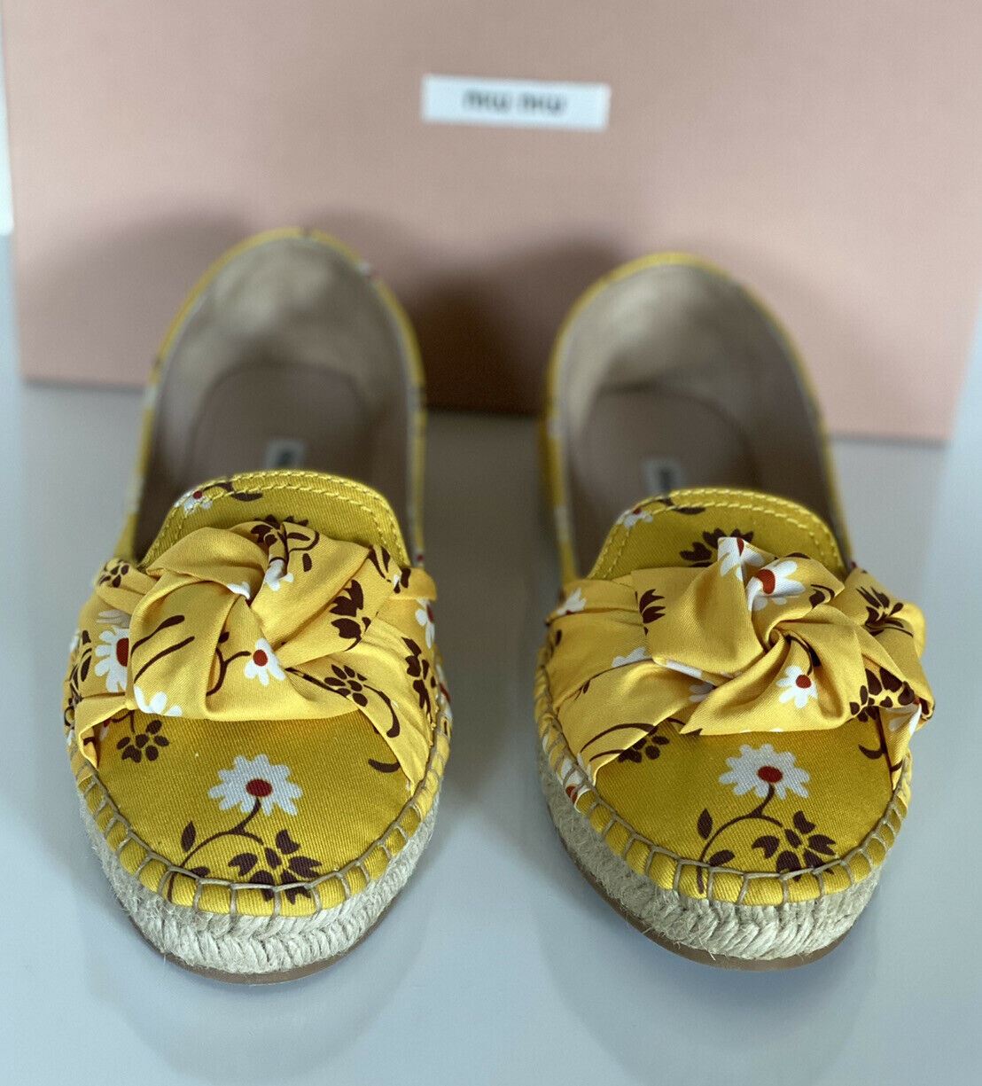 NIB MIU MIU Damen-Espadrille-Sandale mit gelben Blumen, 8 US 5S037D, hergestellt in Italien 
