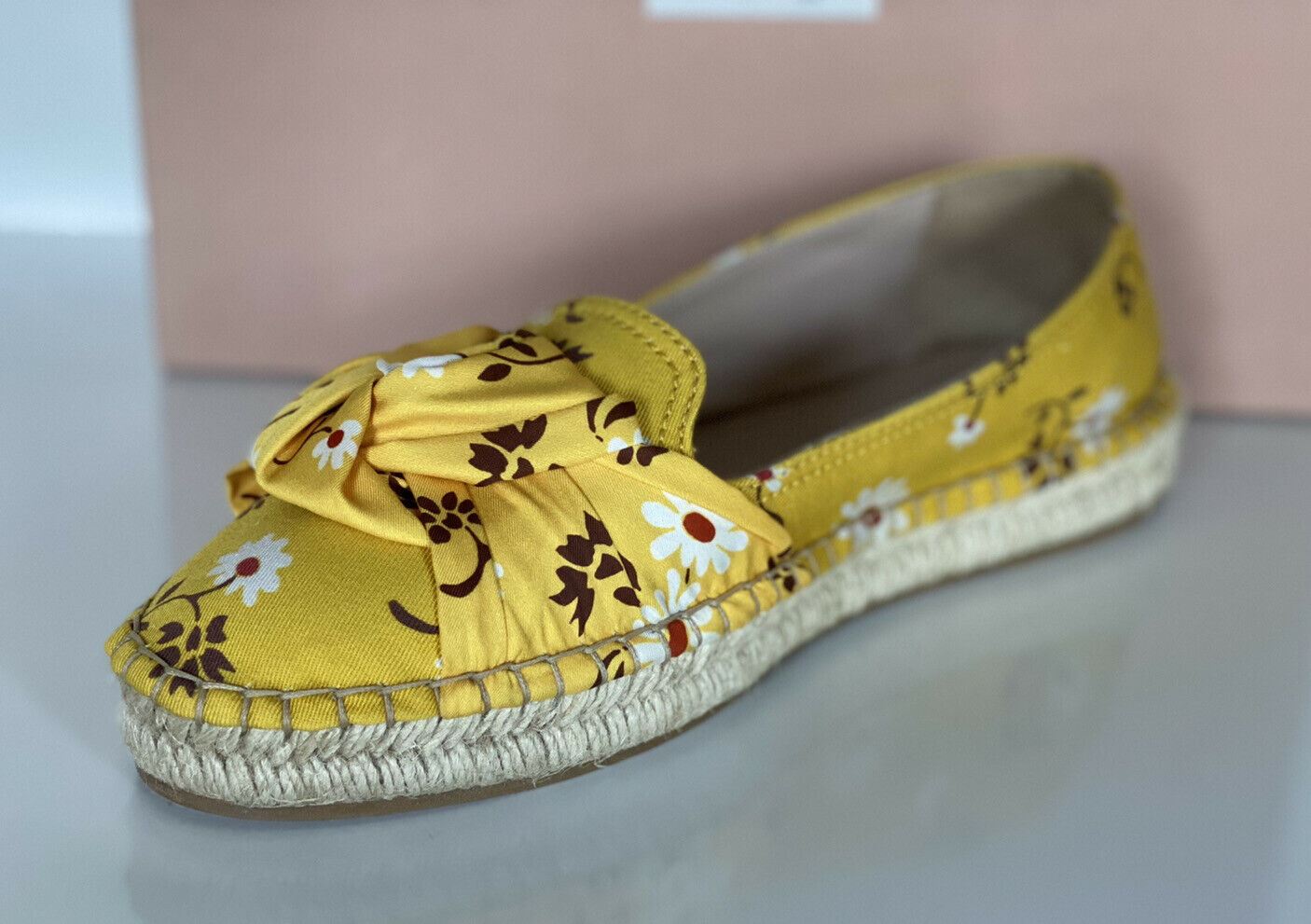 NIB MIU MIU Damen-Espadrille-Sandale mit gelben Blumen, 9 US 5S037D, hergestellt in Italien 