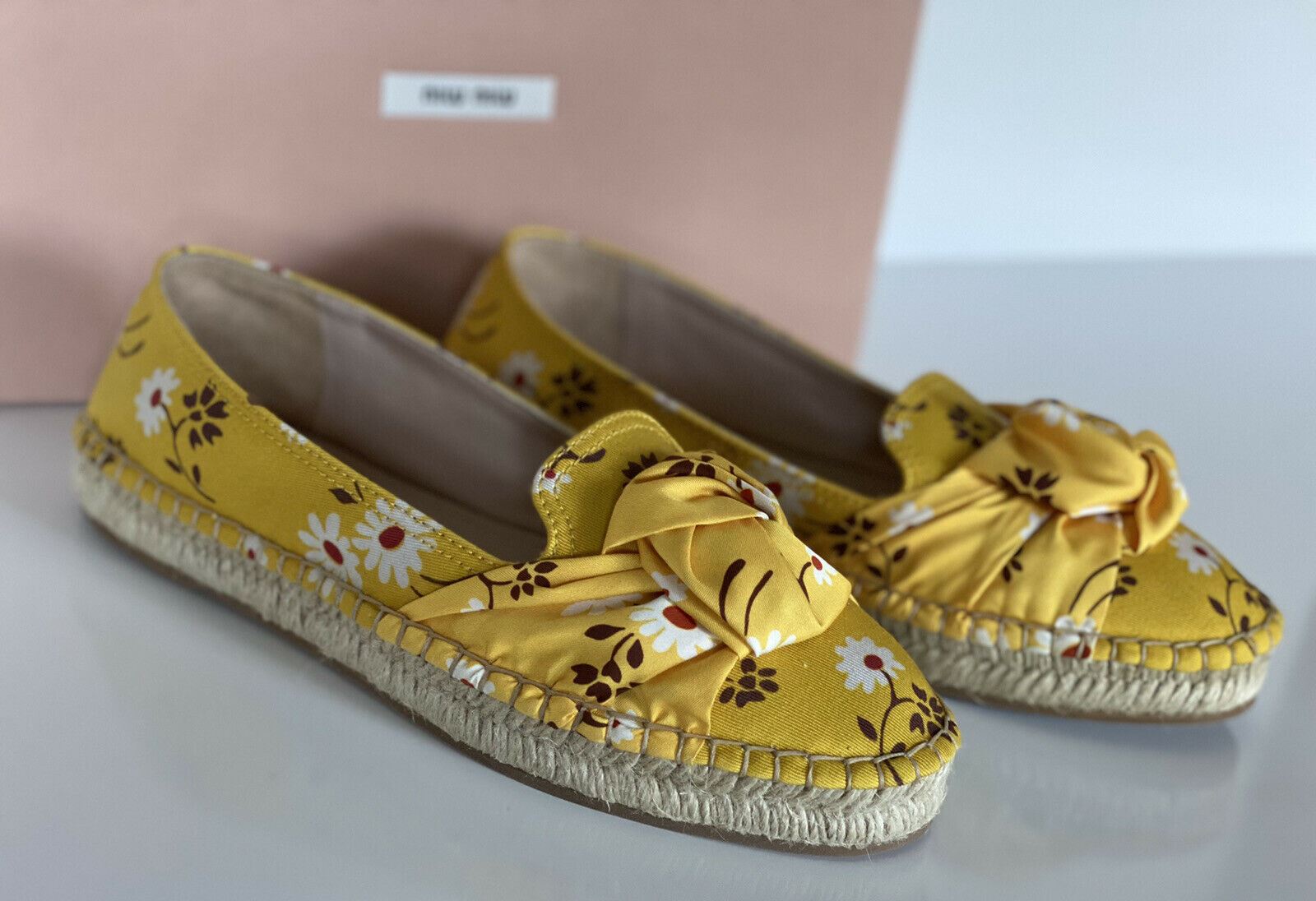 NIB MIU MIU Damen-Espadrille-Sandale mit gelben Blumen, 10 US 5S037D, hergestellt in Italien 