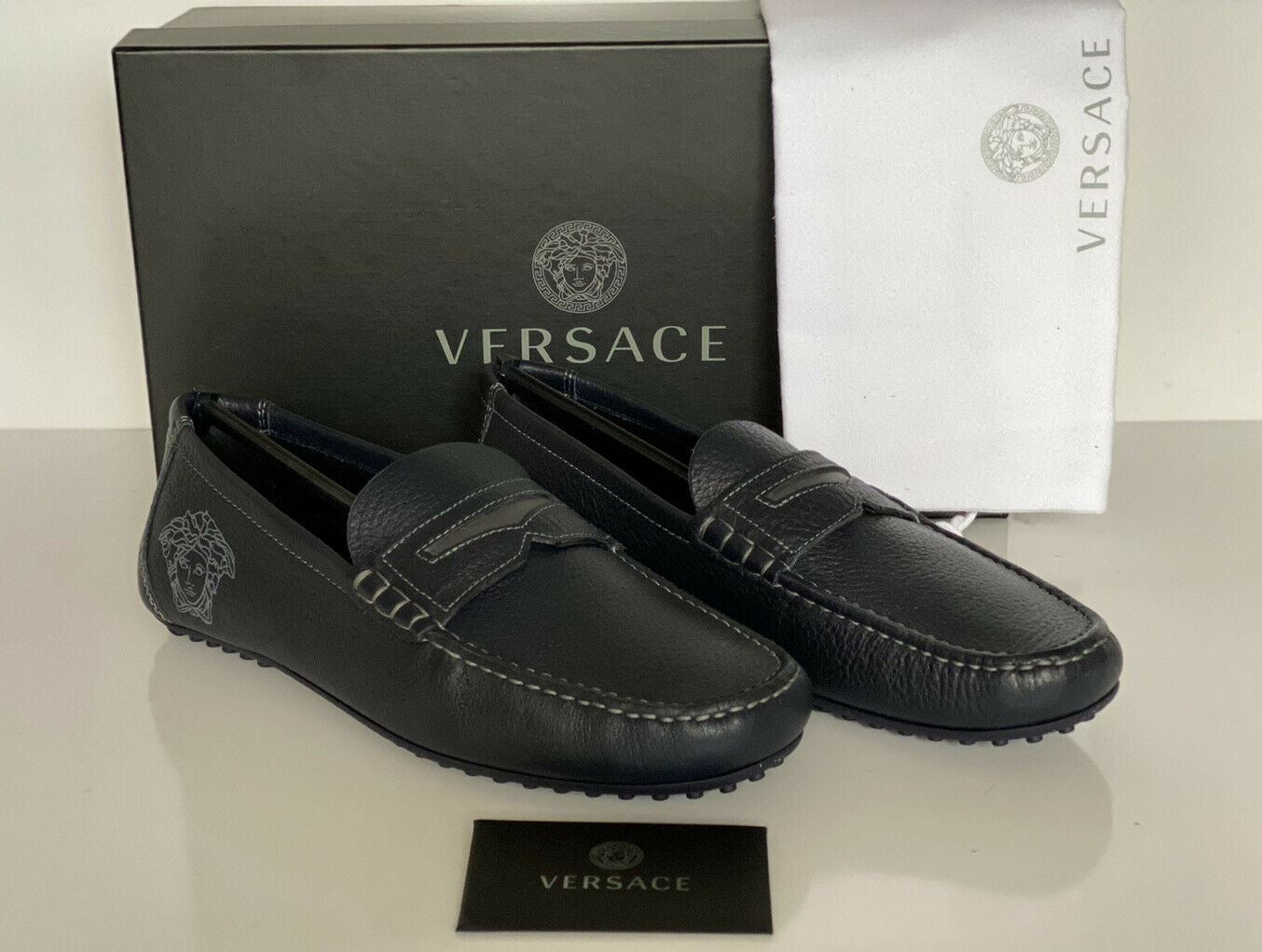 NIB $695 VERSACE Medusa Men's Blue Leather Driver Shoes 8.5 US (41.5) IT DSU8211