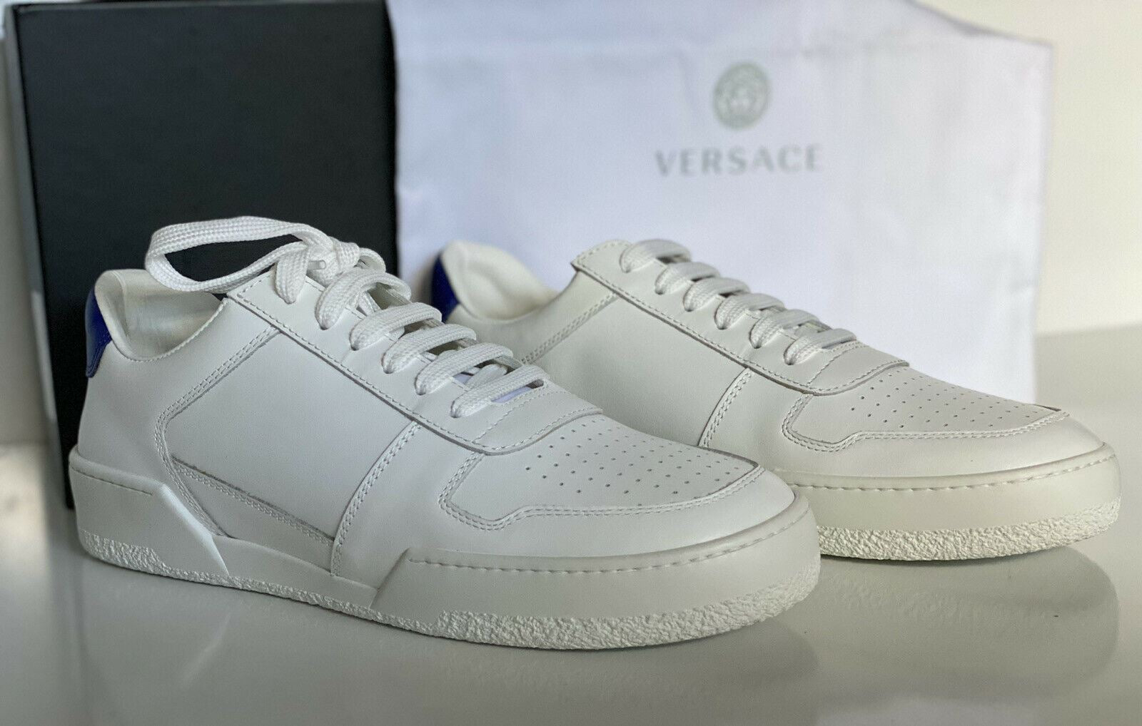 NIB 495 $ Versace Herren-Sneakers aus weißem Leder 10 US (43 Euro) Italien DSU7843 