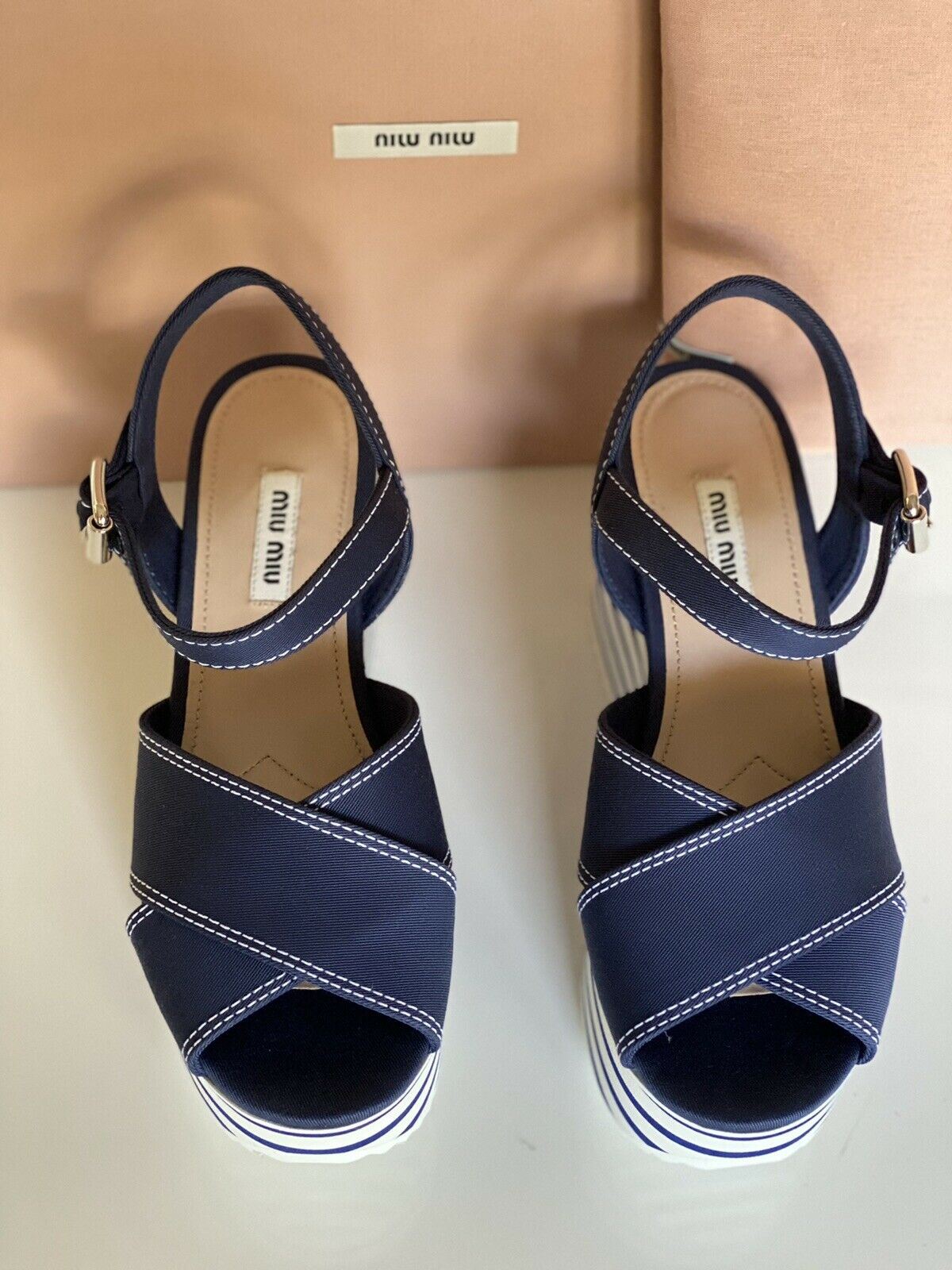 NIB $750 MIU MIU Women's Platform Wedge Blue Sandals 7.5 US (37.5 Euro) 5XZ441