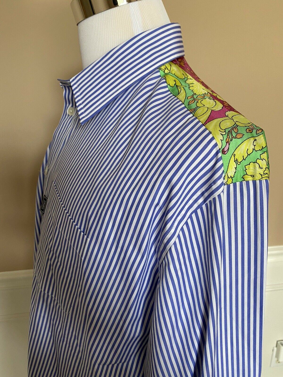 NWT $795 Versace Blue Stripe and Graphic Print Dress Shirt Size 41 A83115 Italy
