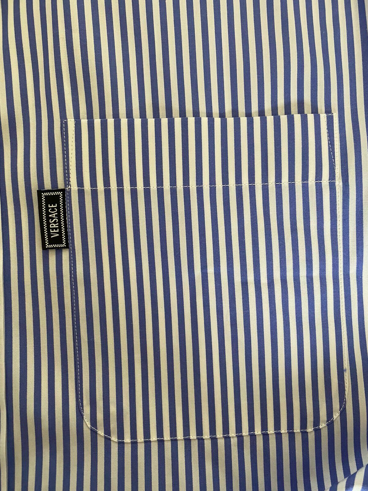 NWT $795 Versace Blue Stripe and Graphic Print Dress Shirt Size 41 A83115 Italy