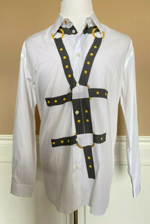 Neu mit Etikett: 650 $ Versace Harness Print Graphic Weißes Hemd Größe 40 A83678 Italien
