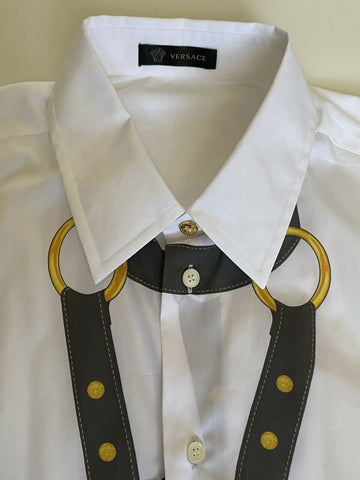 Neu mit Etikett: 650 $ Versace Harness Print Graphic Weißes Hemd Größe 40 A83678 Italien