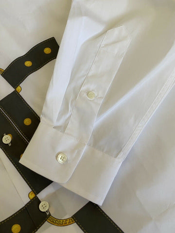 Neu mit Etikett: 650 $ Versace Harness Print Graphic Weißes Hemd Größe 40 A83678 Italien