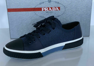 NIB PRADA Herren-Sneakers aus blauem Leder/Nylon, 8,5 US (Prada 7,5) 4E3058 