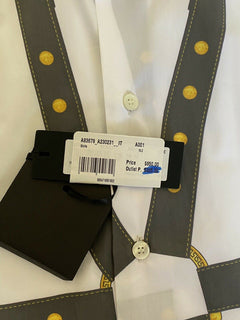 Neu mit Etikett: 650 $ Versace Harness Print Graphic Weißes Hemd Größe 38 A83678 Italien