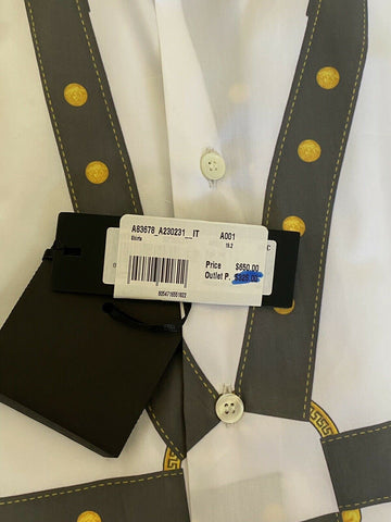 NWT $650 Versace Harness Print Graphic White Dress Shirt Size 38 A83678 Italy