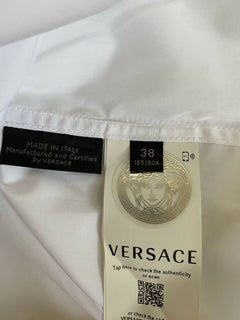 Neu mit Etikett: 650 $ Versace Harness Print Graphic Weißes Hemd Größe 38 A83678 Italien