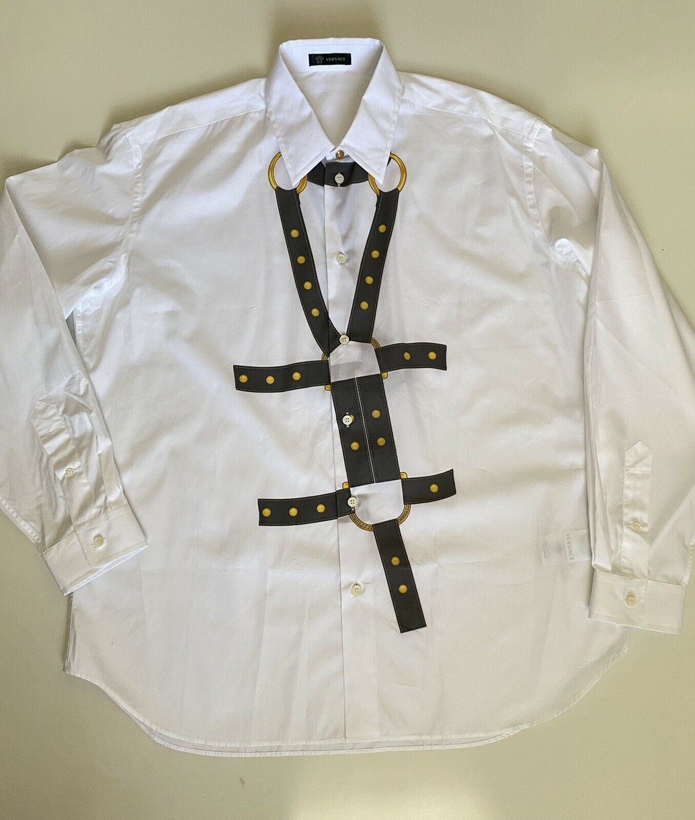 NWT $650 Versace Harness Print Graphic White Dress Shirt Size 41 A83678 Italy
