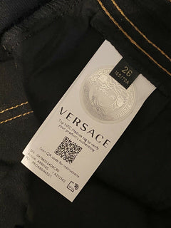 Neu mit Etikett: 500 $ Versace Damen-Denim-Jeans in Schwarz, Größe 26 US A89556S, hergestellt in Italien