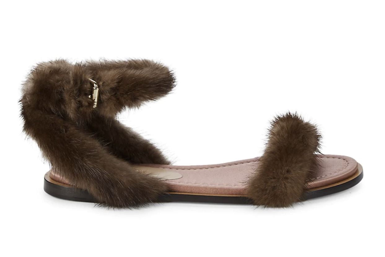 NIB $1375 Valentino Garavani Mink Fur & Leather Ankle-Strap Flat Sandals 7.5 US