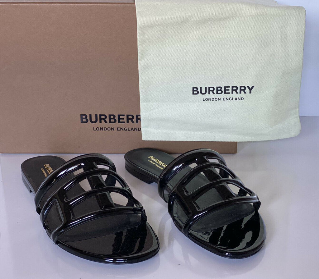NIB $580 Burberry Libbie Patent Leather Slides 7.5 US (37.5 Euro) Italy