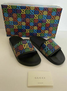 NIB Gucci Herren Gummi GG Psychedelic Logo Schwarze Sandalen 10,5 US Italien 610089 
