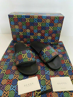 NIB Gucci Herren Gummi GG Psychedelic Logo Schwarze Sandalen 10,5 US Italien 610089 
