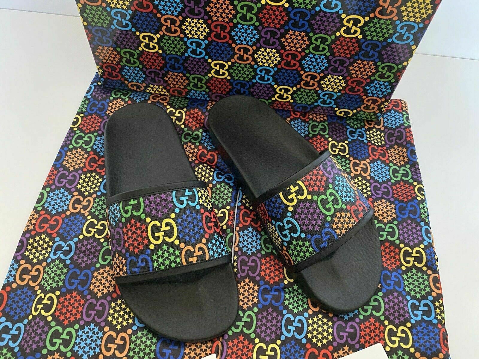 NIB Gucci Mens Rubber GG Psychedelic Logo Black Sandals 10.5 US Italy 610089