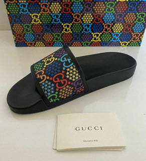 NIB Gucci Herren Gummi GG Psychedelic Logo Schwarze Sandalen 10,5 US Italien 610089 