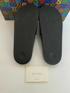 NIB Gucci Herren Gummi GG Psychedelic Logo Schwarze Sandalen 10,5 US Italien 610089 