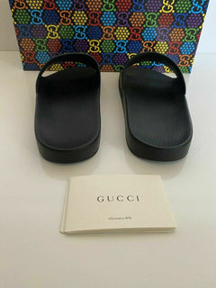 NIB Gucci Herren Gummi GG Psychedelic Logo Schwarze Sandalen 10,5 US Italien 610089 