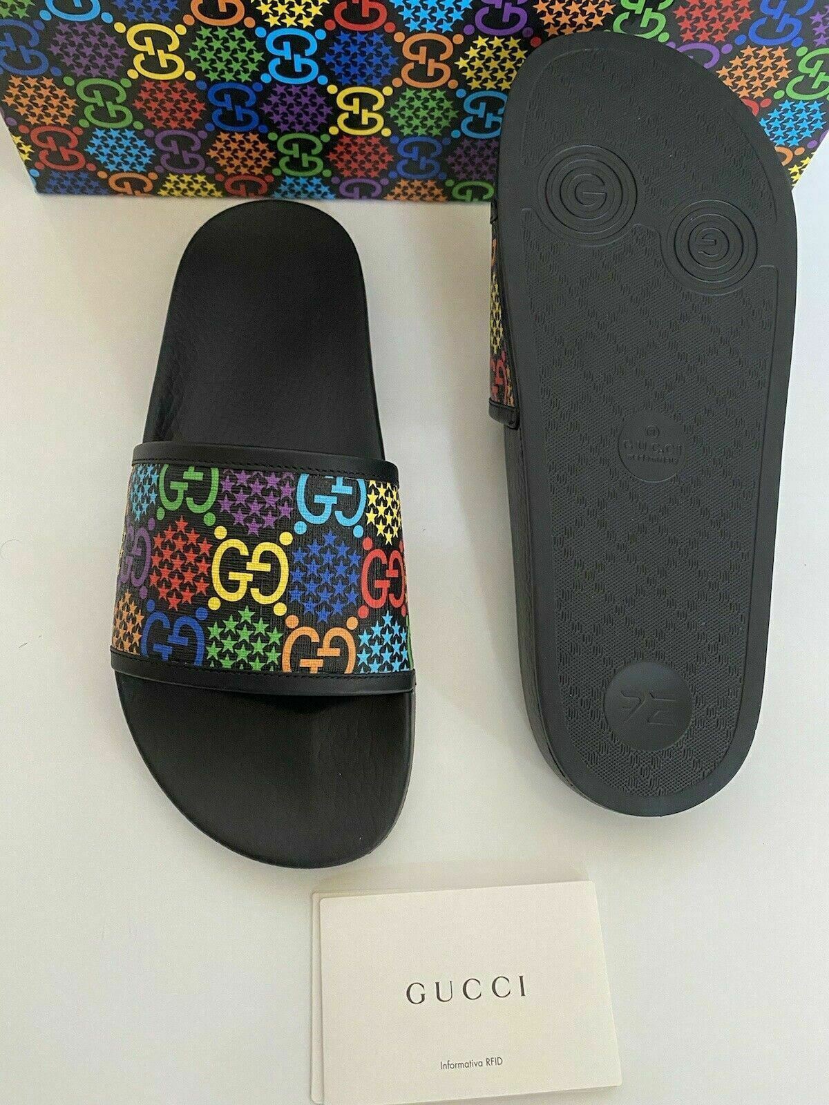 NIB Gucci Mens Rubber GG Psychedelic Logo Black Sandals 10.5 US Italy 610089