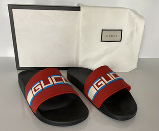 NIB Gucci Herren Gummi St Nastro Schwarz/Rot Sandalen 7,5 US (Gucci 8) Italien 522884 