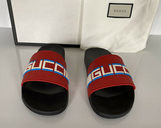 NIB Gucci Herren Gummi St Nastro Schwarz/Rot Sandalen 7,5 US (Gucci 8) Italien 522884 