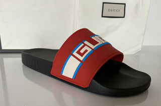 NIB Gucci Herren Gummi St Nastro Schwarz/Rot Sandalen 7,5 US (Gucci 8) Italien 522884 