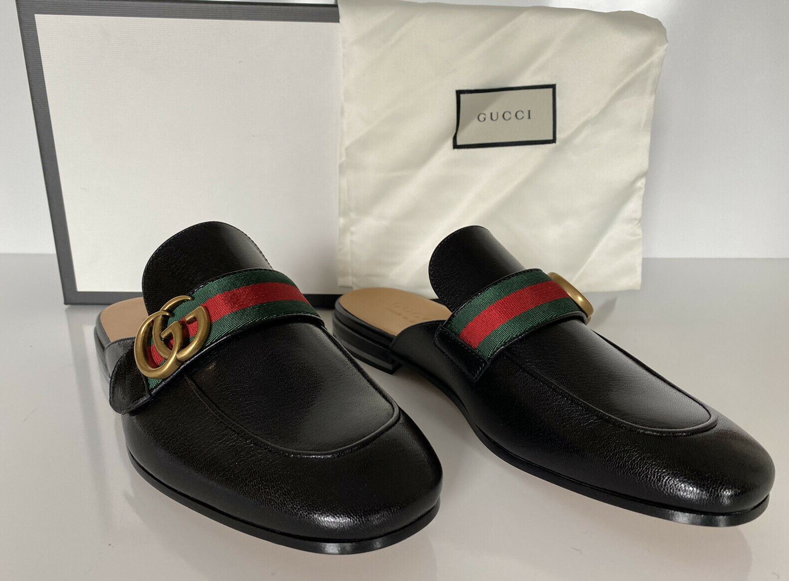NIB Gucci Mens Web GG Leather Slip On Black Sandals 7 US (Gucci 6.5) IT 469891