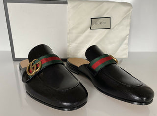 NIB Gucci Herren Web GG Leder Slip On Schwarze Sandalen 7 US (Gucci 6,5) IT 469891 