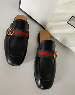 NIB Gucci Herren Web GG Leder Slip On Schwarze Sandalen 7 US (Gucci 6,5) IT 469891 