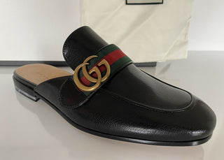 NIB Gucci Herren Web GG Leder Slip On Schwarze Sandalen 7 US (Gucci 6,5) IT 469891 