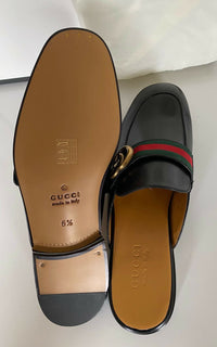 NIB Gucci Herren Web GG Leder Slip On Schwarze Sandalen 7 US (Gucci 6,5) IT 469891 
