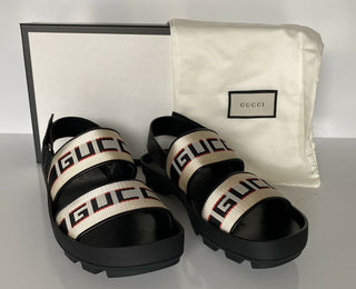 NIB Gucci Herren-Sandalen aus schwarzem/weißem Canvas/Leder, 8 US (Gucci 7,5), Italien 523769 