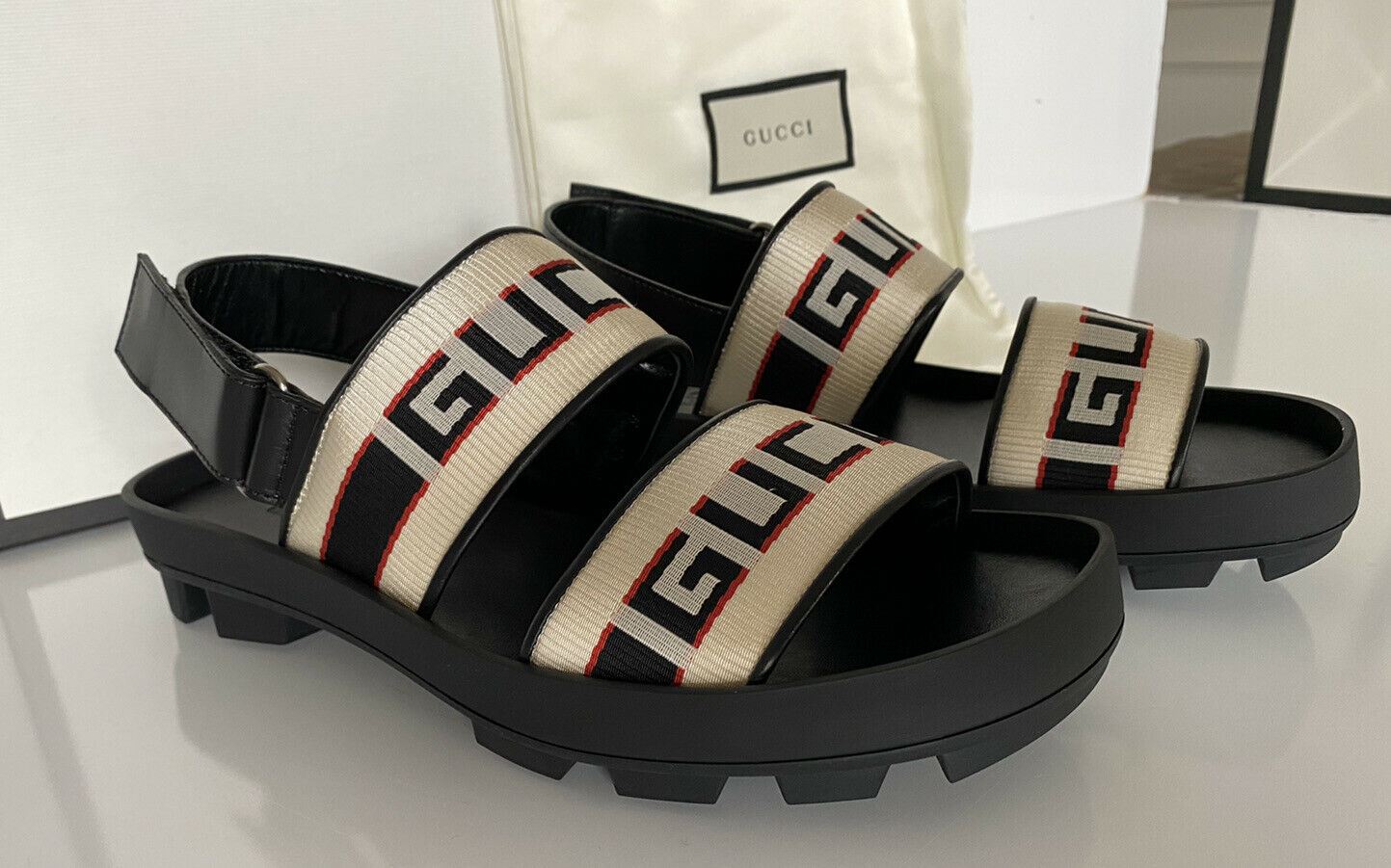 NIB Gucci Mens Black/White Canvas/Leather Sandals 8 US (Gucci 7.5) Italy 523769