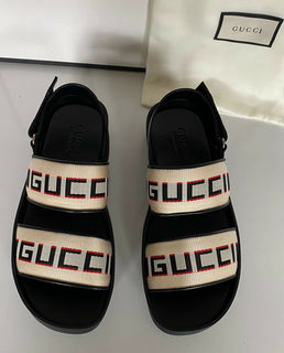 NIB Gucci Herren-Sandalen aus schwarzem/weißem Canvas/Leder, 8 US (Gucci 7,5), Italien 523769 