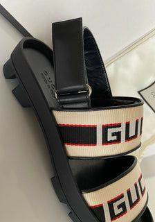 NIB Gucci Herren-Sandalen aus schwarzem/weißem Canvas/Leder, 8 US (Gucci 7,5), Italien 523769 