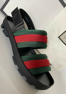 NIB Gucci Herren Cirano Web Logo Nylon/Leder Sandalen 8,5 US (Gucci 8) IT 428578 