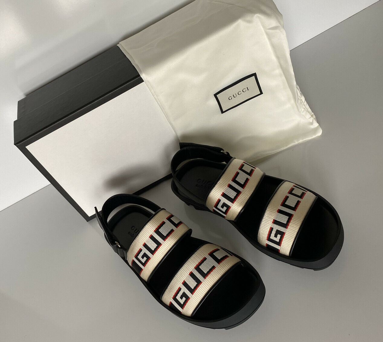 NIB Gucci Mens Black/White Canvas/Leather Sandals 10 US (Gucci 9.5) Italy 523769