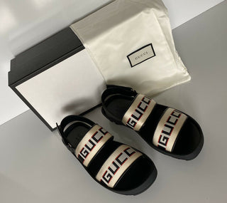 NIB Gucci Herren-Sandalen aus schwarzem/weißem Segeltuch/Leder, 10 US (Gucci 9,5), Italien 523769 