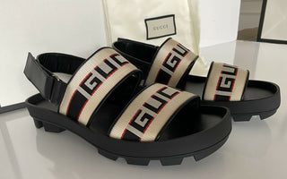 NIB Gucci Herren-Sandalen aus schwarzem/weißem Segeltuch/Leder, 10 US (Gucci 9,5), Italien 523769 