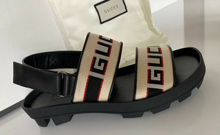 NIB Gucci Herren-Sandalen aus schwarzem/weißem Segeltuch/Leder, 10 US (Gucci 9,5), Italien 523769 
