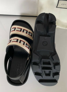 NIB Gucci Herren-Sandalen aus schwarzem/weißem Segeltuch/Leder, 10 US (Gucci 9,5), Italien 523769 
