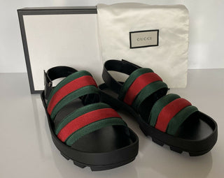 NIB Gucci Herren Cirano Web Logo Nylon/Leder Sandalen 9 US (Gucci 8,5) IT 428578 