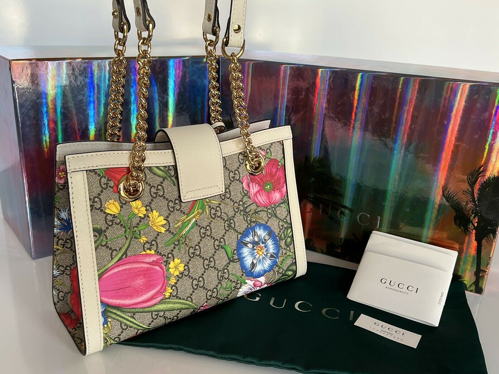 NWT GUCCI GG Ophidia Flora Web Padlock Small Tote Shoulder Bag Italy 498156