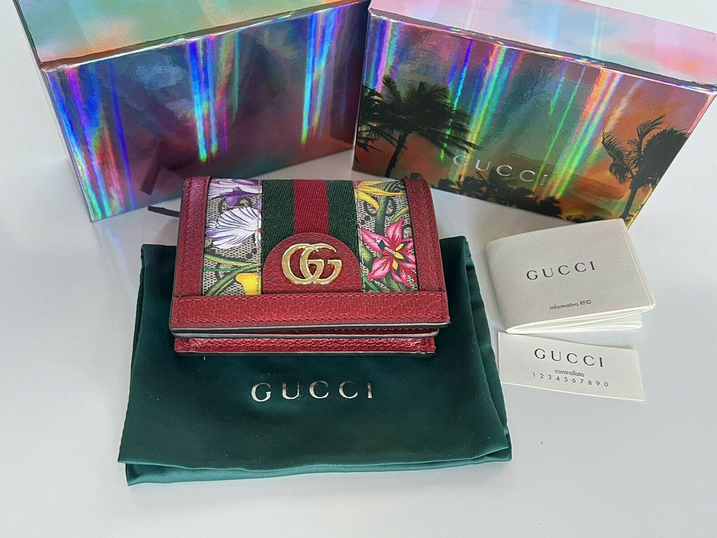 NEW Gucci GG Ophidia Red Supreme Coated Canvas Floral Bifold Wallet 523155