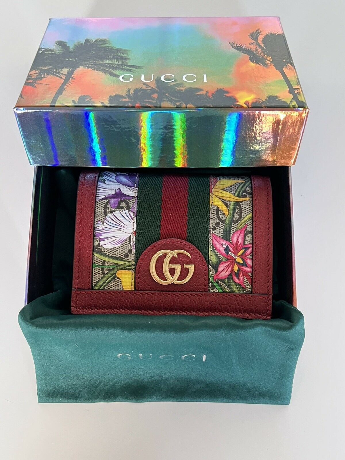 NWT Gucci GG Ophidia Red Supreme Coated Canvas Floral Bifold Wallet 523155