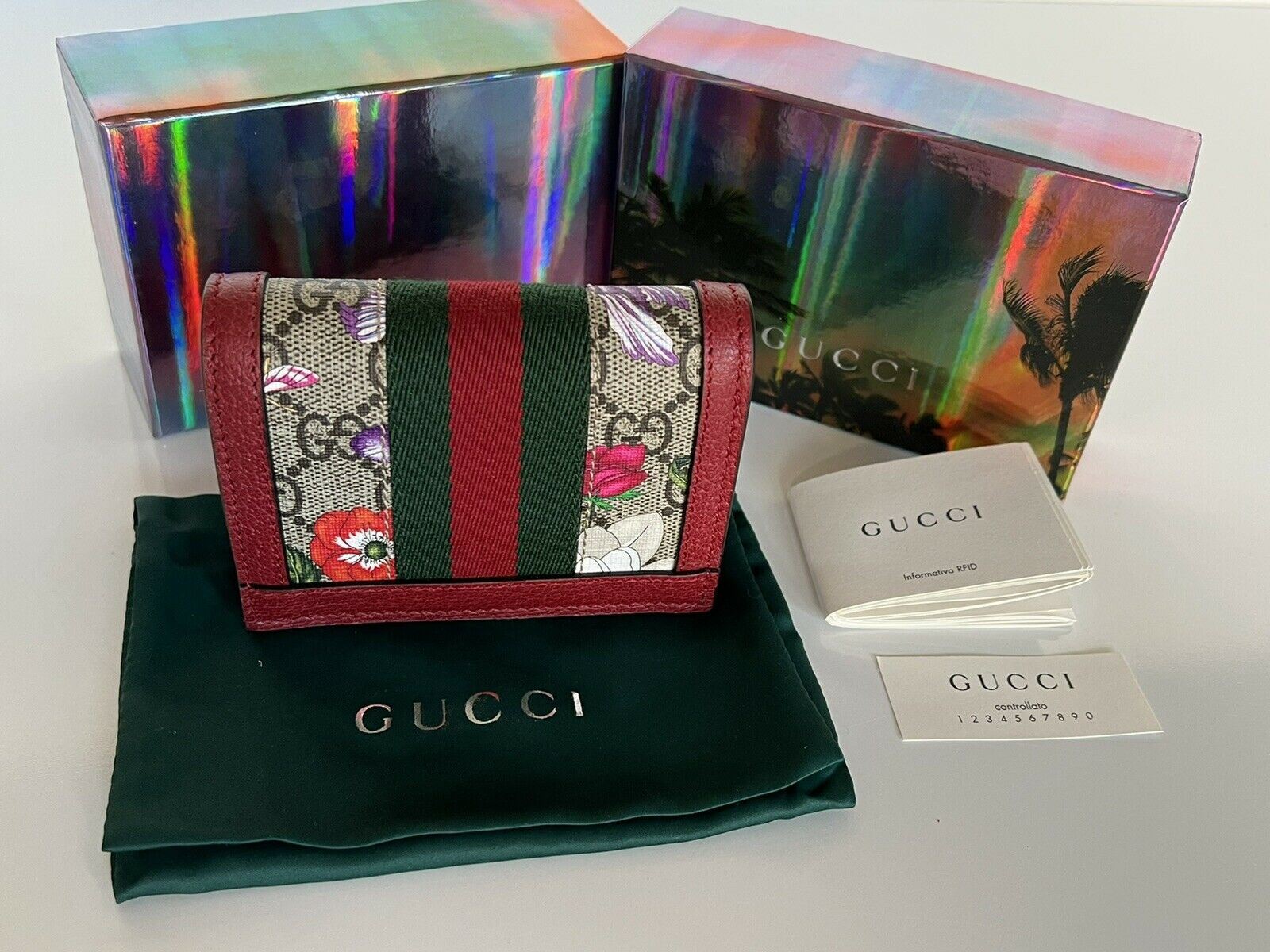 NWT Gucci GG Ophidia Red Supreme Coated Canvas Floral Bifold Wallet 523155