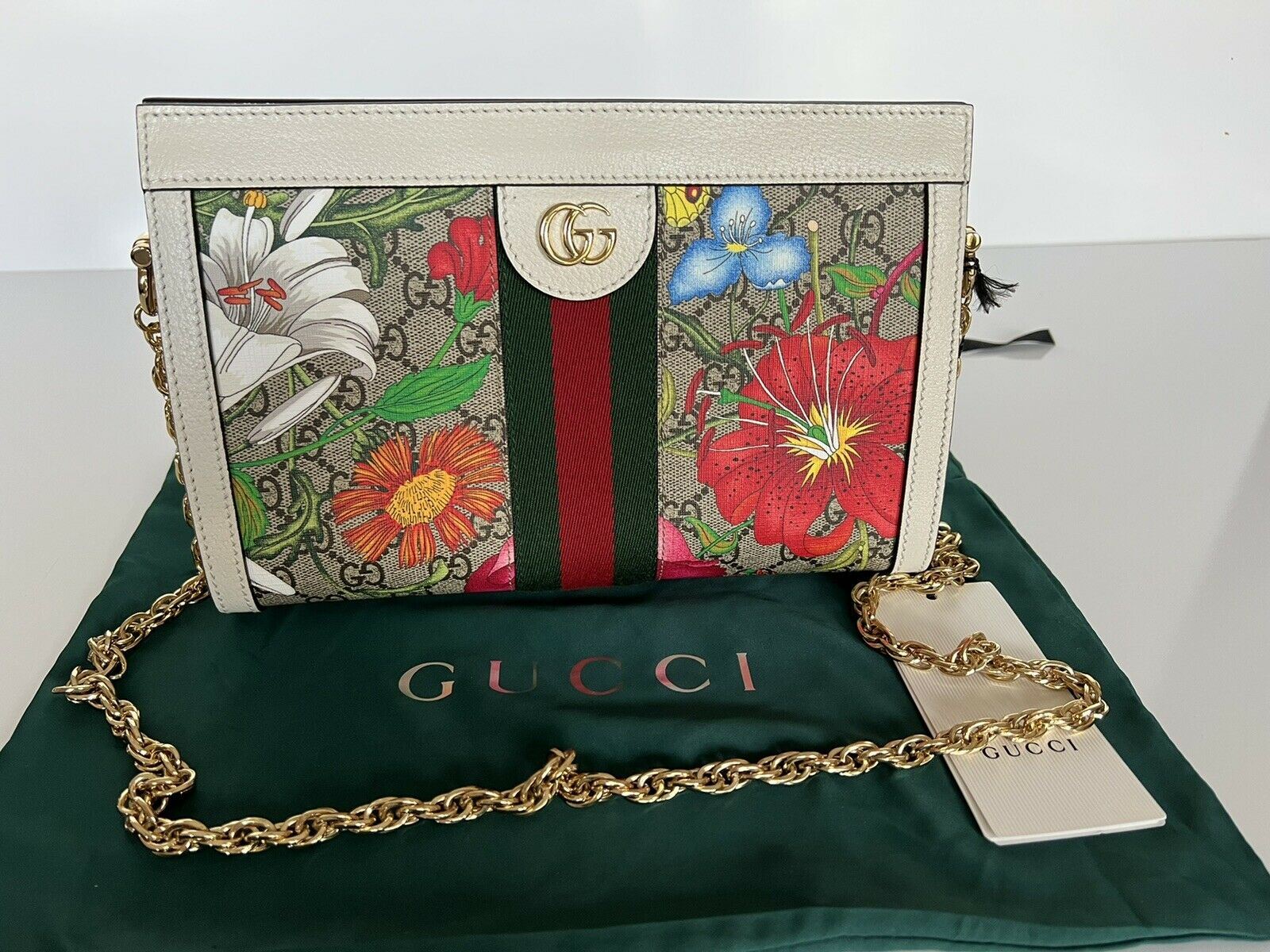 NWT GUCCI GG Supreme Flora Web Small Ophidia Chain Shoulder Bag Italy 503877